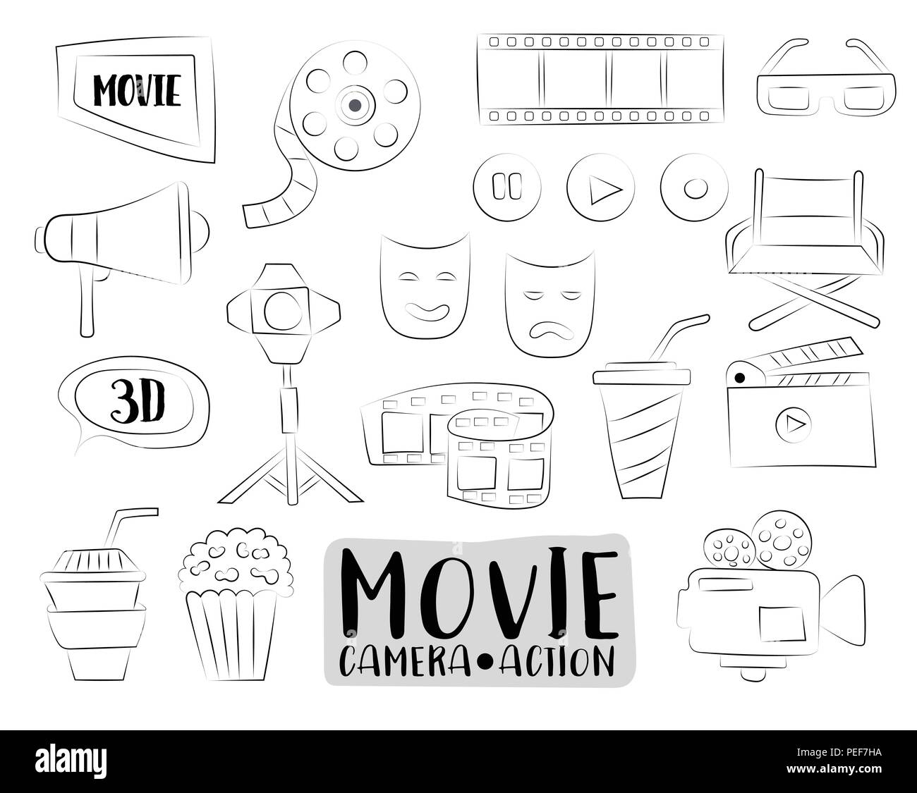 Cinema icons set. Colorful hand drawn doodle objets. Contour noir et blanc à colorier. Vector Illustrator. Illustration de Vecteur