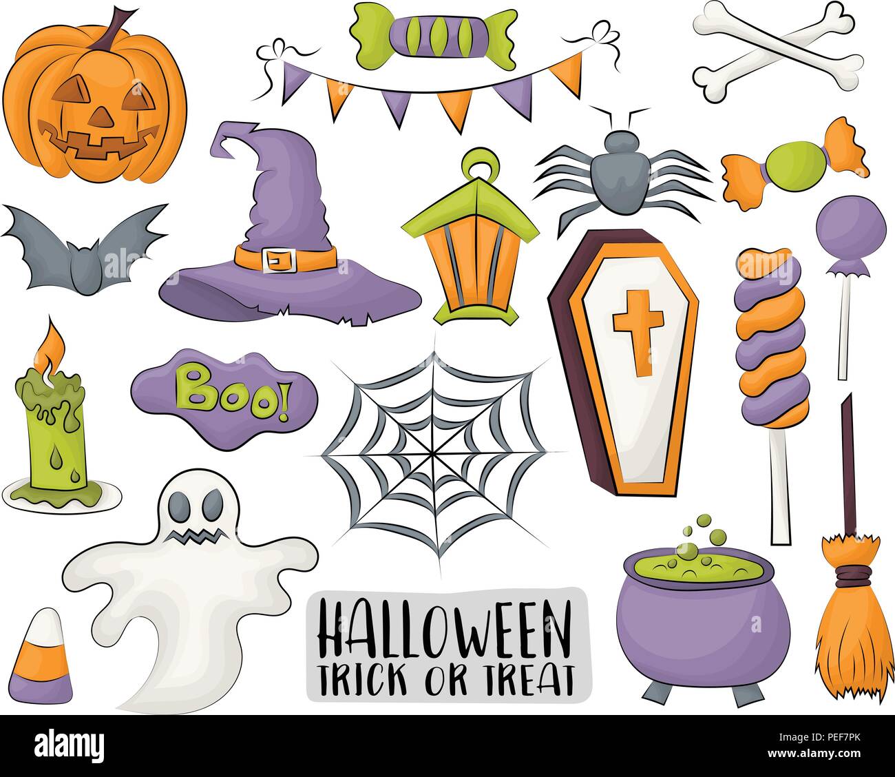 Ensemble d'éléments de conception et les icônes d'Halloween dans un style de dessin animé. Doodle illustration vectorielle des objets. Illustration de Vecteur