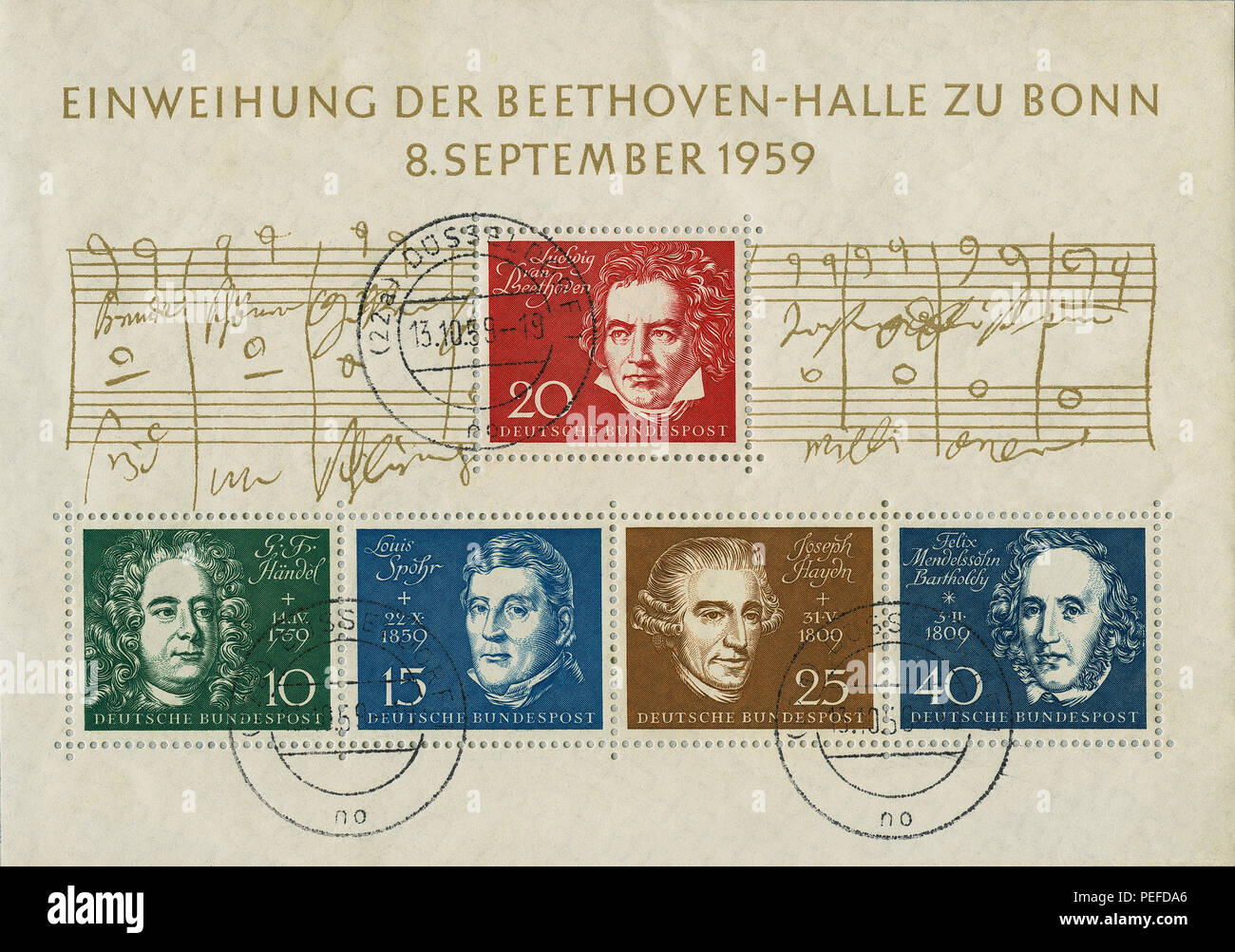 Inauguration de la salle Beethoven, à Bonn, l'Allemagne de l'Ouest, feuille de timbres commémoratifs pour concert d'ouverture, le 8 septembre 1959 Banque D'Images
