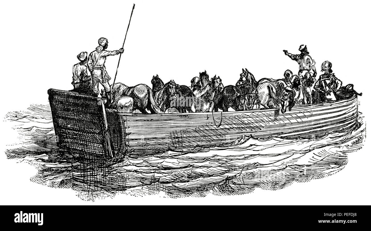 Ferry primitive sur le tigre, Illustration, portefeuille classique de transporteurs primitif, par Marshall M. Kirman, World Railway Publ. Co., Illustration, 1895 Banque D'Images