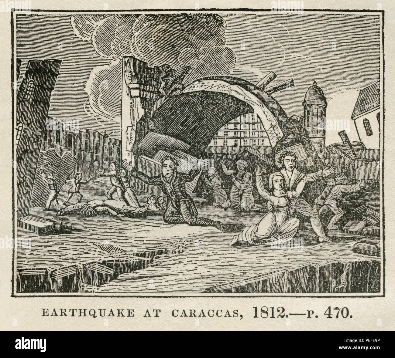 Tremblement de terre à Caracas, 1812, Illustration de l'album, le Cabinet historique, FEU Jeune Éditeur, New Haven, 1834 Banque D'Images