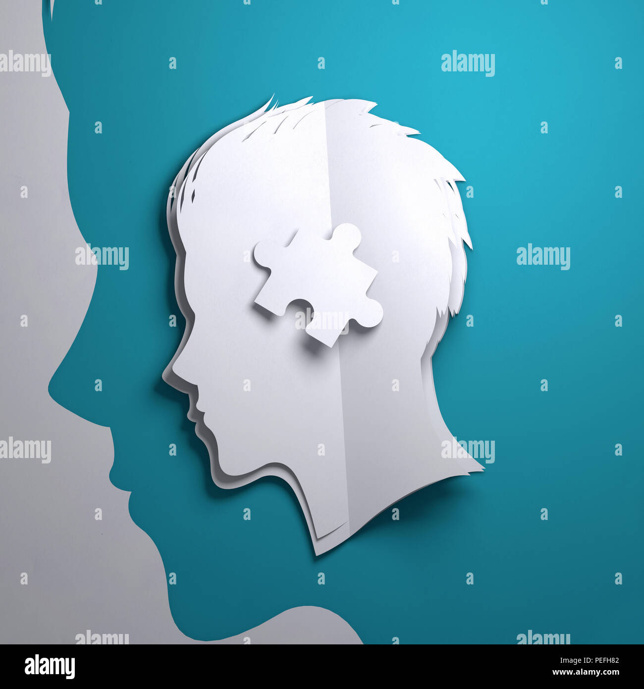 Papier plié origami. La silhouette de la tête d'une personne avec une pièce du puzzle. Mindfulness conceptuel 3D illustration. Banque D'Images