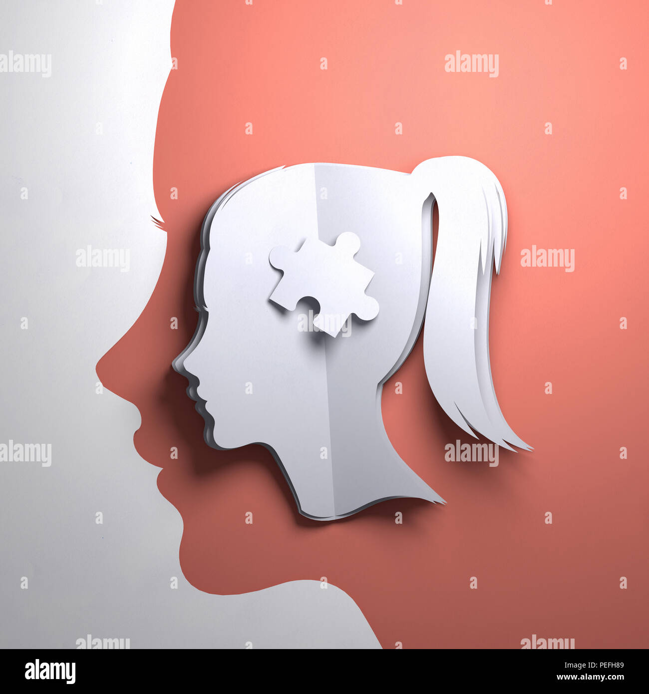 Papier plié origami. La silhouette d'une tête de femme avec une pièce du puzzle. Mindfulness conceptuel 3D illustration. Banque D'Images