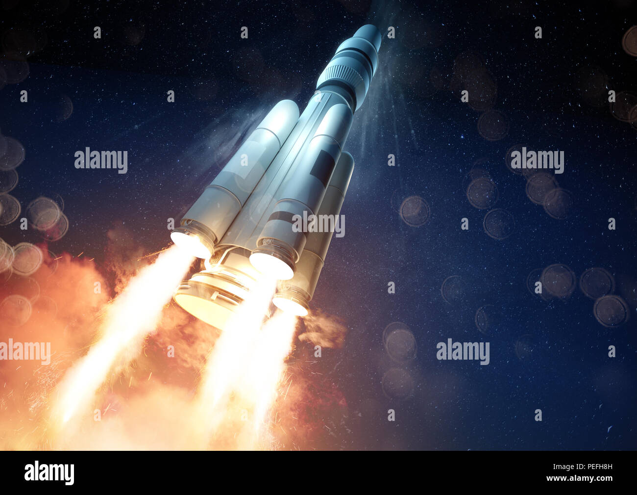Un angle extrême d'une fusée le lancement d'une sonde dans l'espace. 3D illustration. Banque D'Images