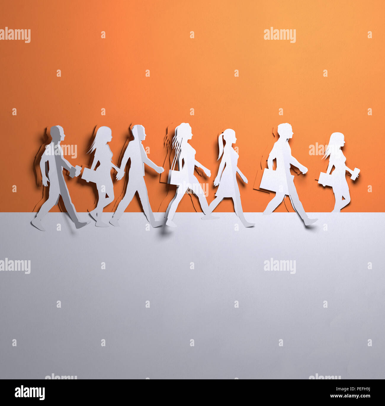 Papier plié origami.Un groupe de personnes et personnages marcher jusqu'à leur destination. Créations en papier 3D illustration. Banque D'Images