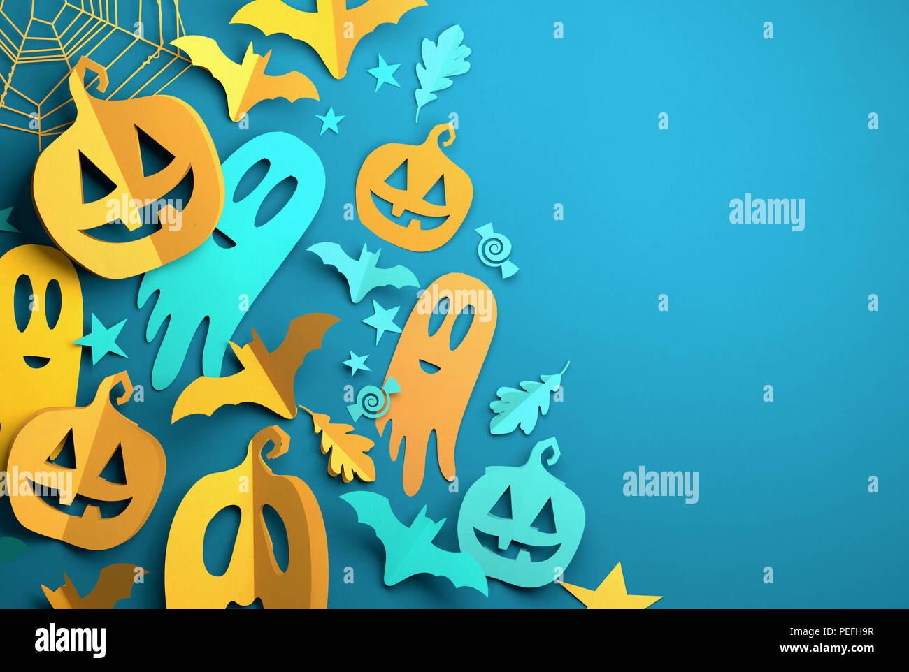 Papier plié origami. Halloween avec fond bleu découper des citrouilles, des chauves-souris, fantômes de papier et d'autres décorations avec place pour le texte. Illustratio 3D Banque D'Images