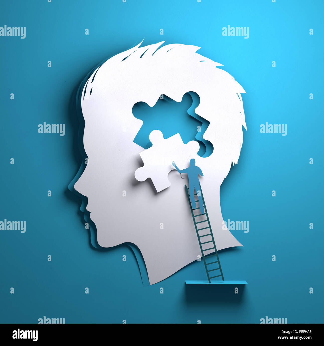 Papier plié origami. La silhouette d'un homme avec une personne responsable de l'ajout d'un morceau de puzzle. Mindfulness conceptuel 3D illustration. Banque D'Images