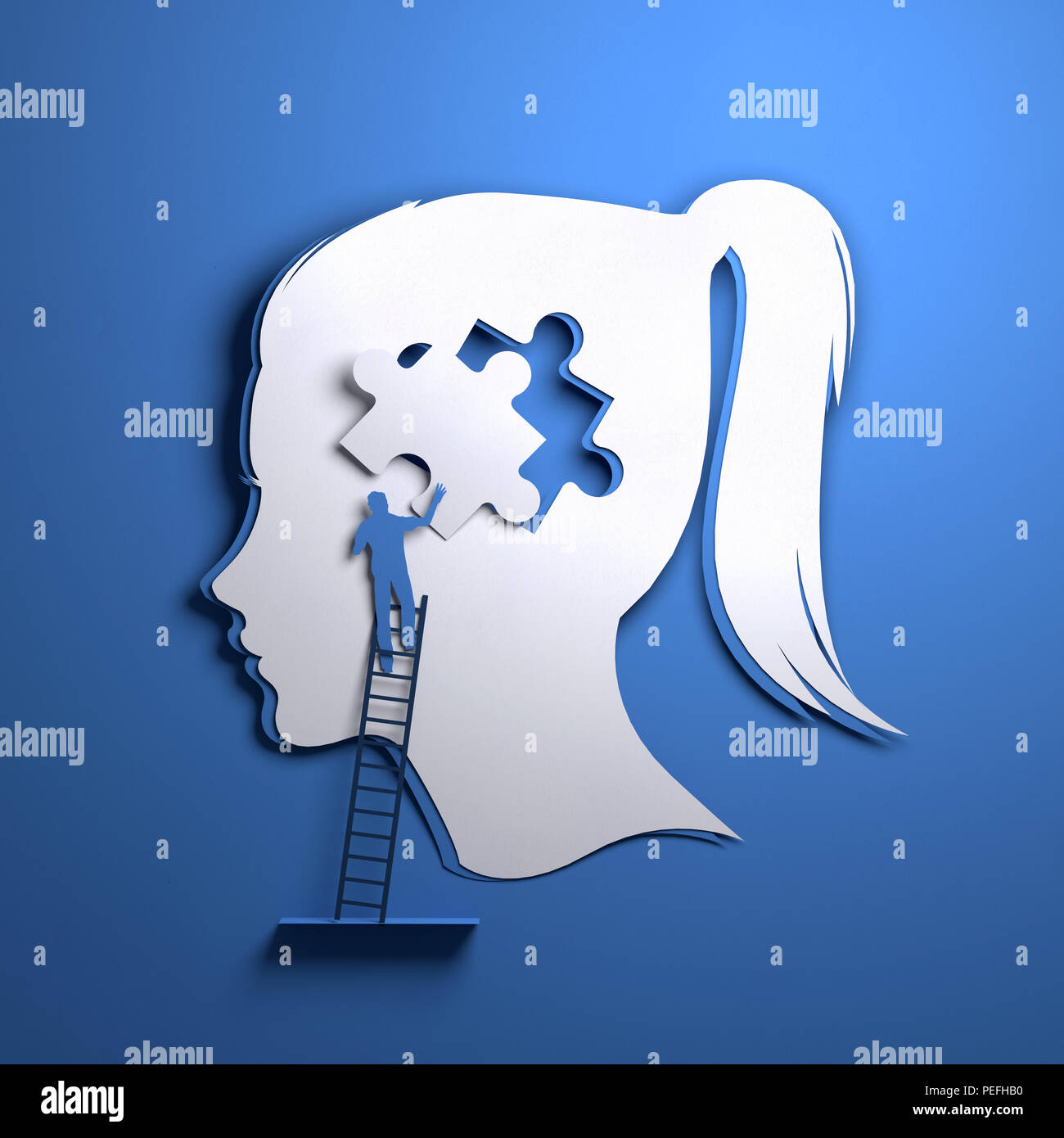 Papier plié origami. La silhouette d'une tête de femme avec une personne l'ajout d'une pièce du puzzle. Mindfulness conceptuel 3D illustration. Banque D'Images
