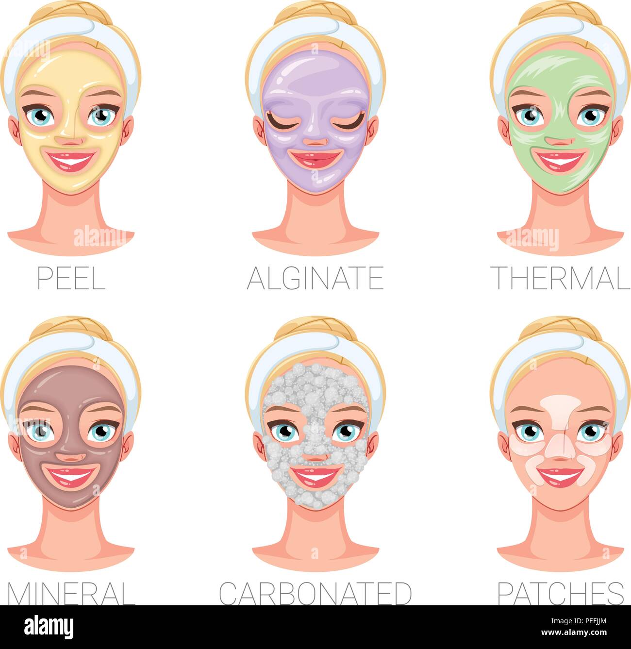 Femme avec différents types de peau masque facial. Série d'illustrations vectorielles. Illustration de Vecteur