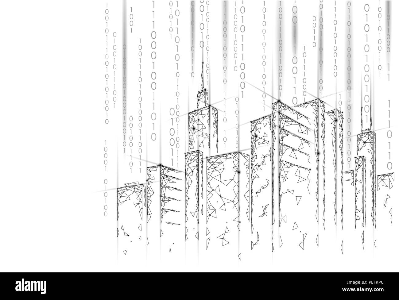 Low poly 3D Smart city treillis métallique. Système d'automatisation du bâtiment intelligent concept d'entreprise. Numéro de code binaire de flux de données. La technologie de l'architecture de paysage urbain bannière croquis vector illustration Illustration de Vecteur