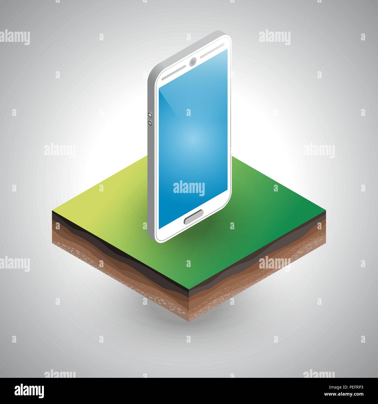 Smartphone isométrique mis sur le morceau de sol à l'ombre Illustration de Vecteur