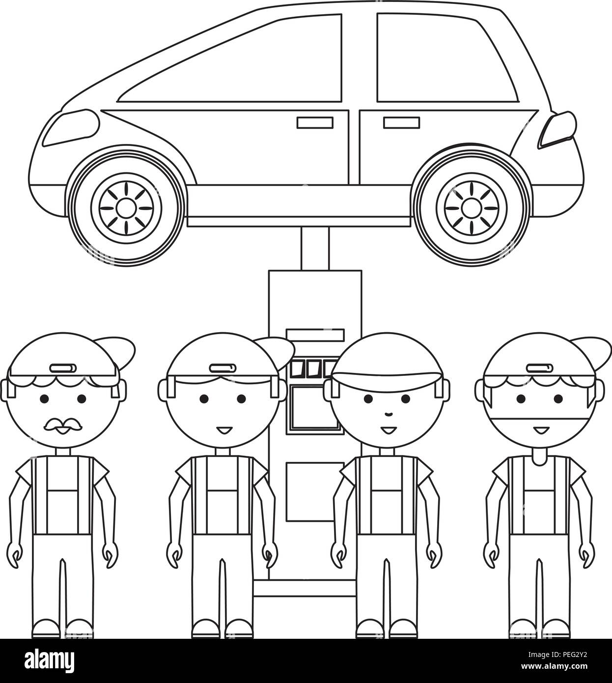 Cartoon mécanique et Véhicule levé sur fond blanc, vector illustration Illustration de Vecteur