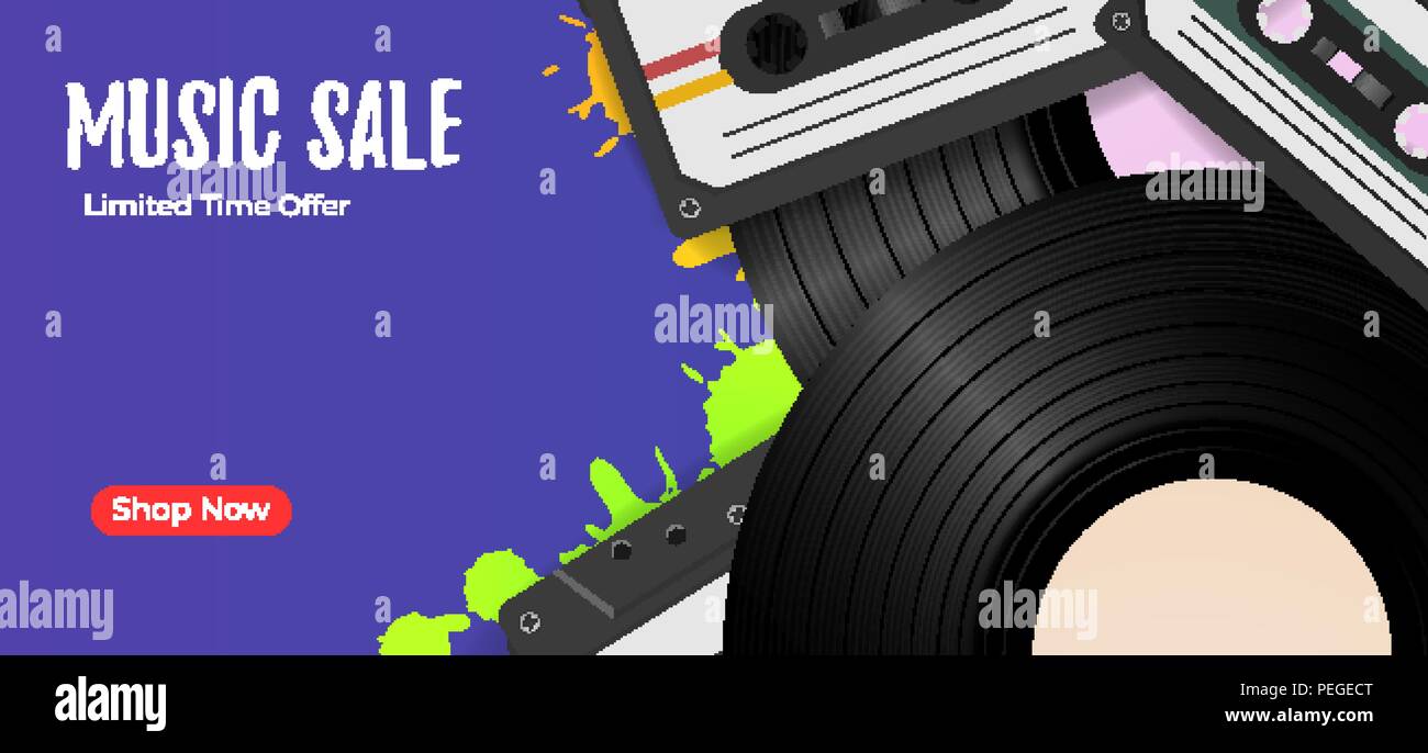 Vintage avec les disques vinyles et cassettes audio. Fond de musique rétro modèle de vente Illustration de Vecteur