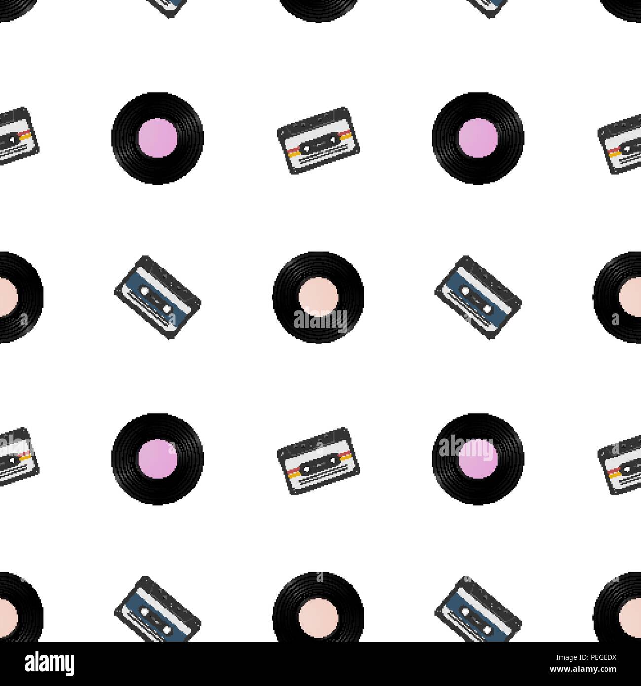 Années 80 retro seamless pattern. Vintage loopable arrière-plan avec les disques vinyles et cassettes audio Illustration de Vecteur