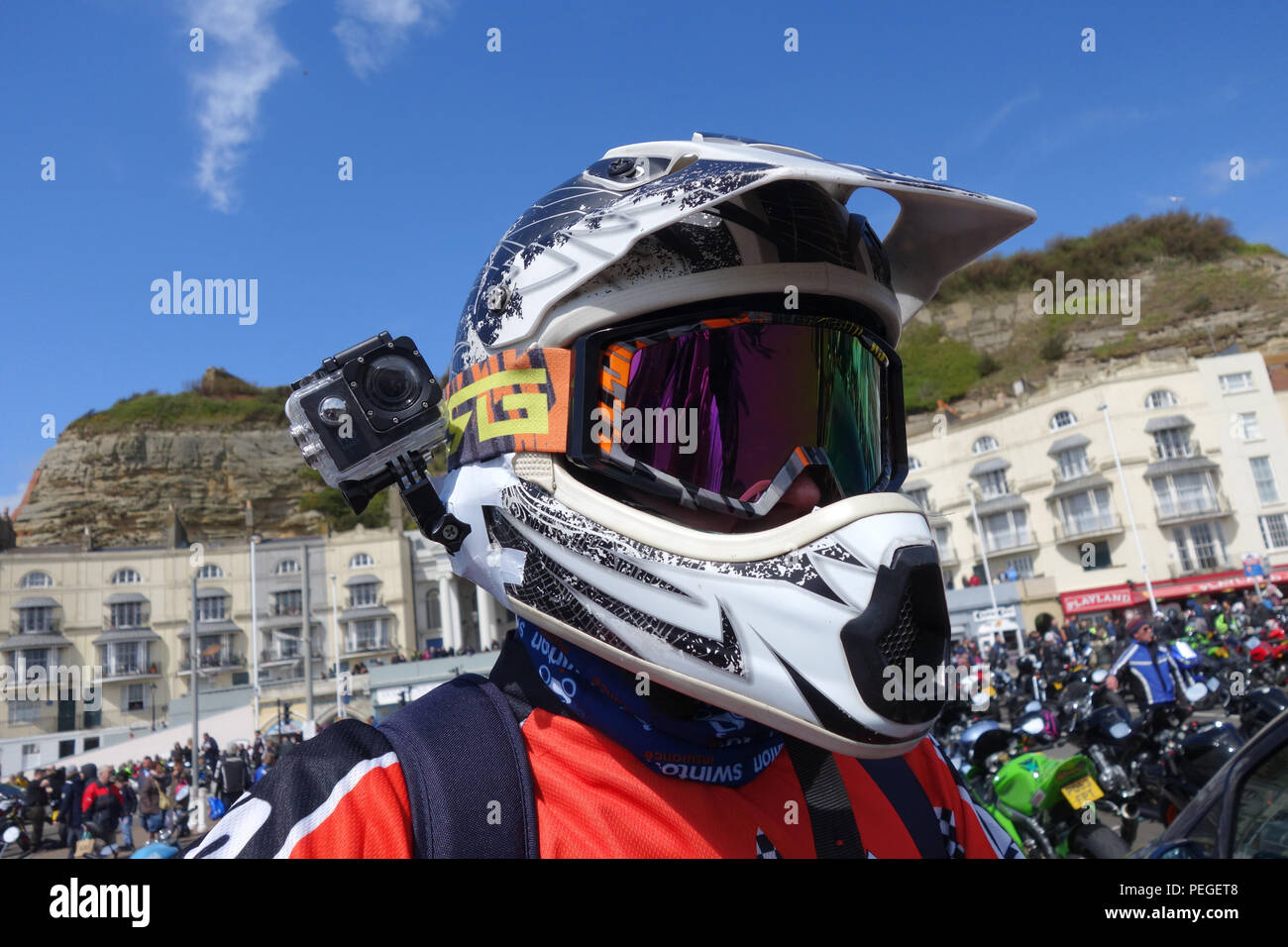Caméra sur casque à vélo journée annuelle peut fonctionner, 1 mai 2017, Hastings, East Sussex Royaume Uni Banque D'Images