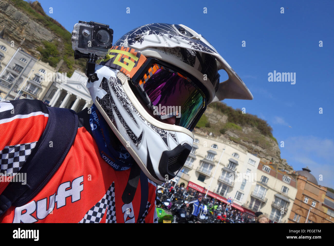 Caméra sur casque à vélo journée annuelle peut fonctionner, 1 mai 2017, Hastings, East Sussex Royaume Uni Banque D'Images