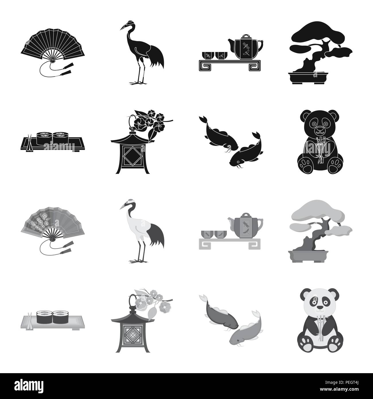 Sushi, poisson koi, lanterne Japonaise, panda.Japon set collection icônes de style monochrome noir,symbole vecteur illustration de stock . Illustration de Vecteur