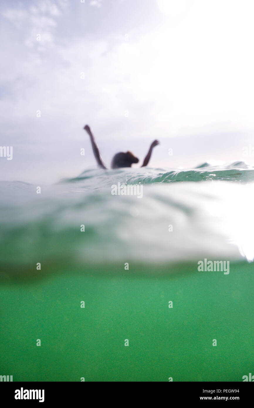 Une femme de cinquante ans les bras et la tête les mains qui sortent de la mer, la moitié inférieure de la photographie est sous la mer et turquoise, la moitié supérieure est Banque D'Images