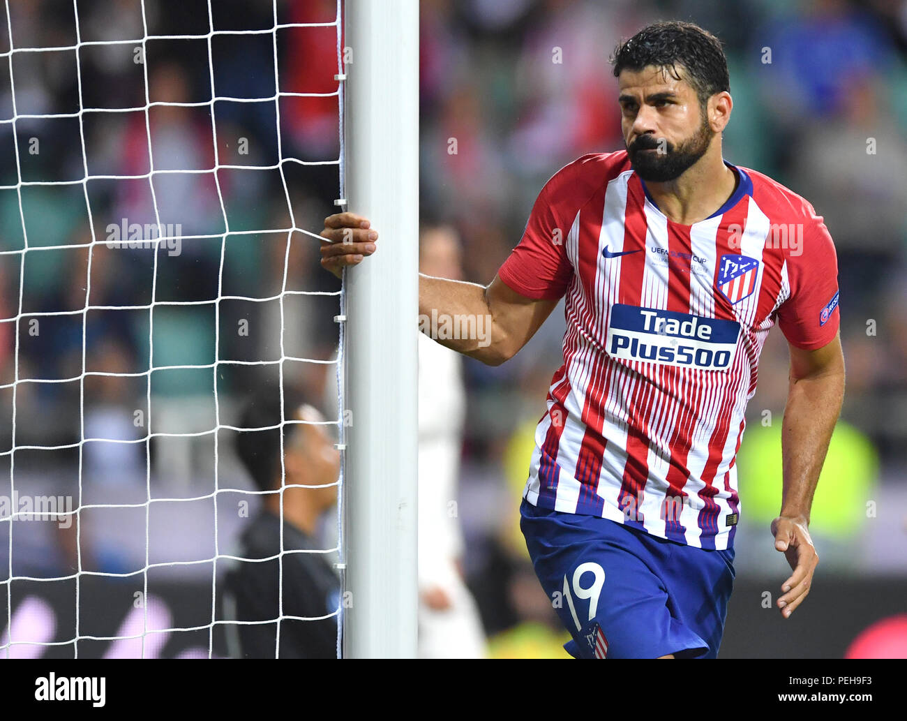 Tallinn, Estonie. Août 15, 2018. Foot : la Super Coupe de l'UEFA, le Real Madrid - Atletico Madrid à Lilleküla Stadium. L'Atletico Madrid Diego Costa se réjouir son 2-2 but. Credit : Marius Becker/dpa/Alamy Live News Banque D'Images