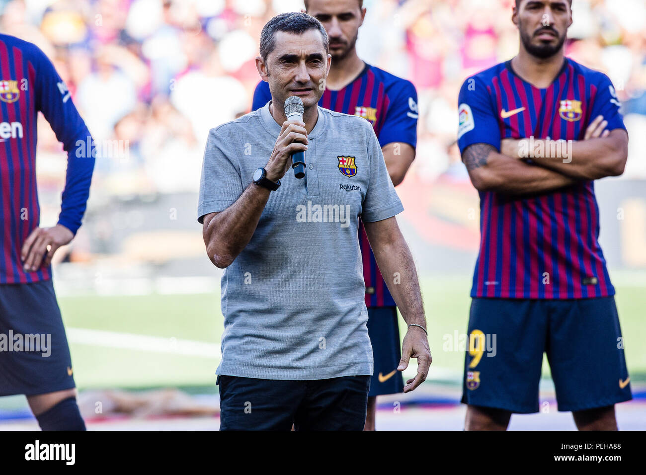 Ernesto Valverde de l'Espagne au cours de la Joan Gamper trophy match entre le FC Barcelone et CA Boca Juniors au Camp Nou à Barcelone, le 15 août de 2018, l'Espagne. Août 15, 2018. Credit : AFP7/ZUMA/Alamy Fil Live News Banque D'Images
