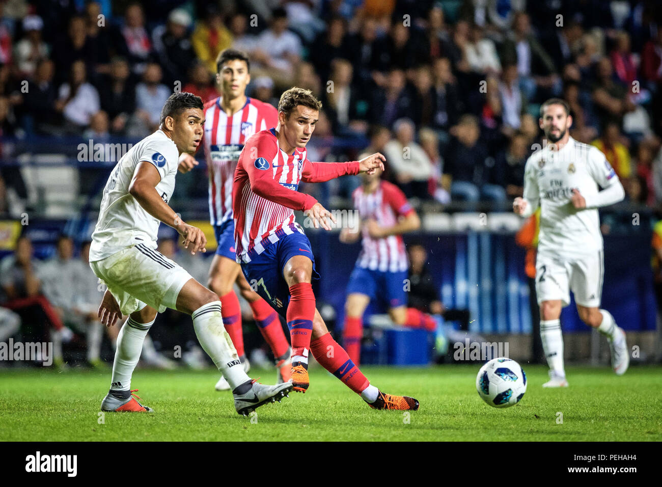 Tallinn, Estonie. Août 15, 2018. Antoine Griezmann de l'Atletico Madrid en action au Super Coupe de l'UEFA 2018 à Tallinn.la Super Coupe de l'UEFA 2018 a été joué entre le Real Madrid et l'Atlético Madrid. L'Atletico Madrid a remporté le match 4-2 pendant plus de temps après et a pris le trophée après le dessin à 2-2 au cours des 90 premières minutes de jeu. Credit : Hendrik Osula SOPA/Images/ZUMA/Alamy Fil Live News Banque D'Images