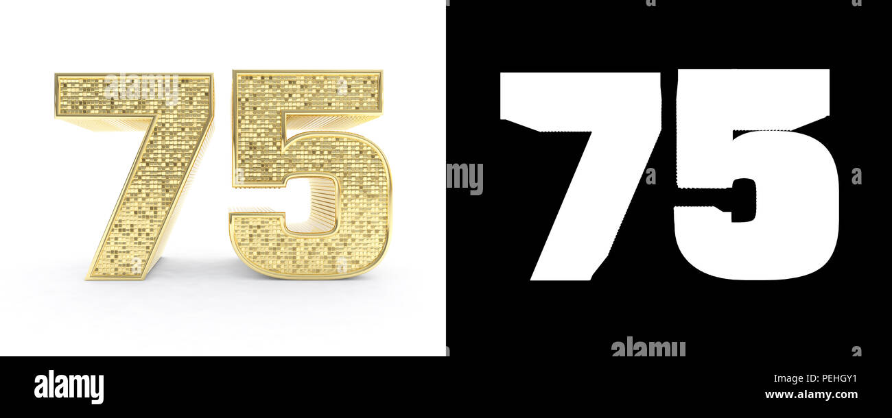 Nombre d'or soixante cinq (75) sur fond blanc avec ombre portée et canal alpha. 3D illustration. Banque D'Images