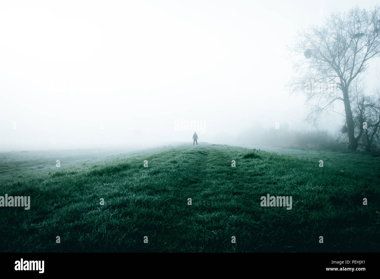 Un chiffre effrayant d'un homme marchant le long d'une voie de pays, avec un look désaturées. Banque D'Images
