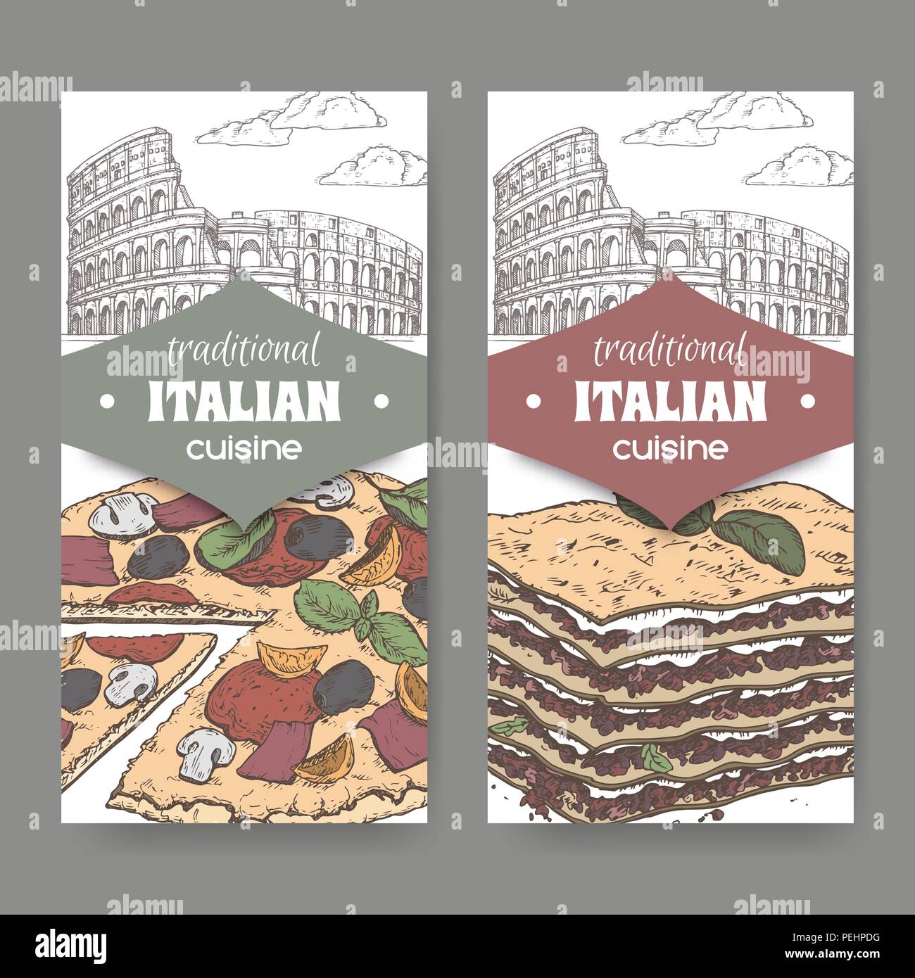 Deux bandeaux de couleur avec Rome paysage, des pizzas et des lasagnes sur blanc. Illustration de Vecteur