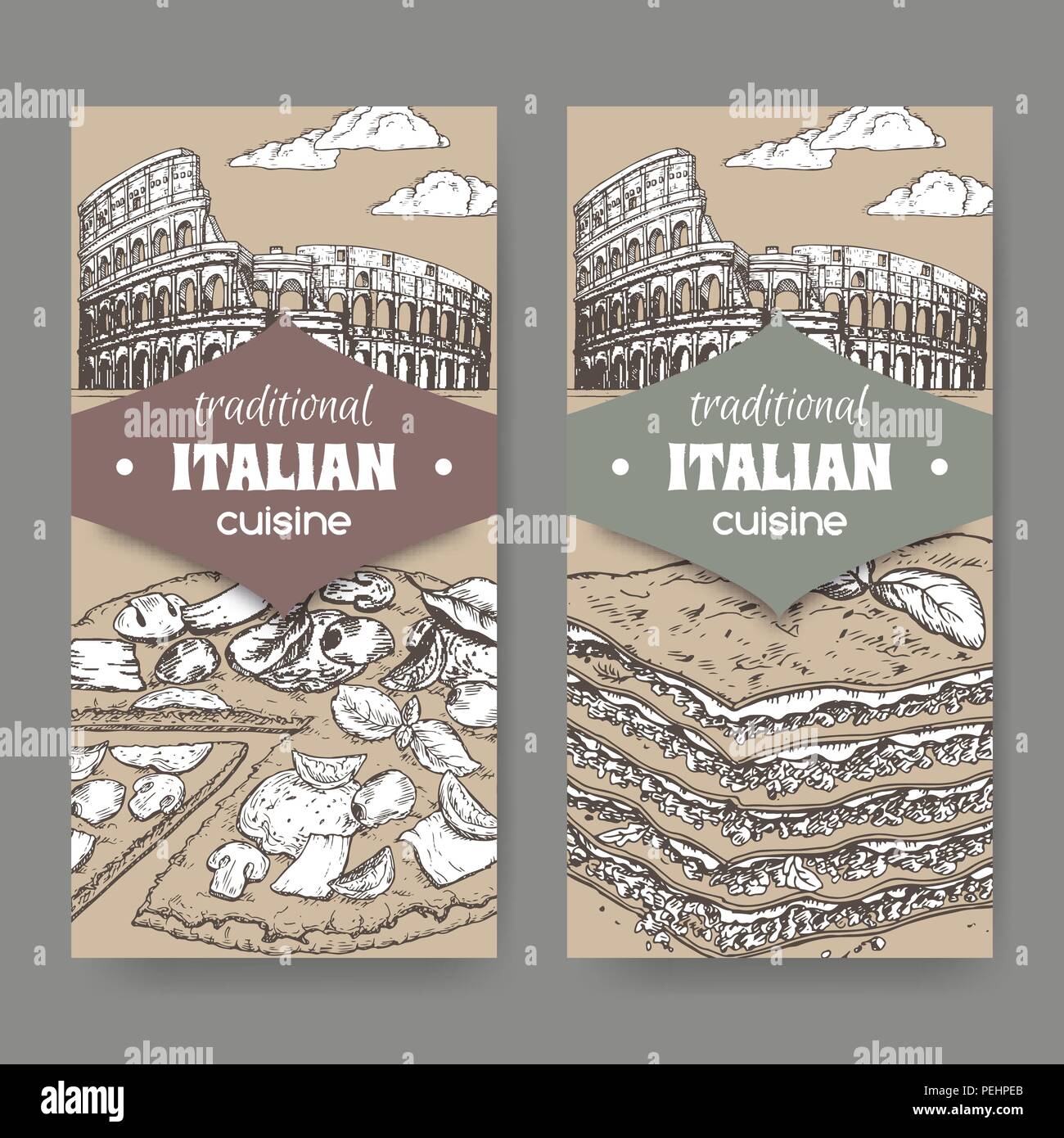 Deux bannières vintage avec Rome paysage, des pizzas et des lasagnes sur blanc. Illustration de Vecteur