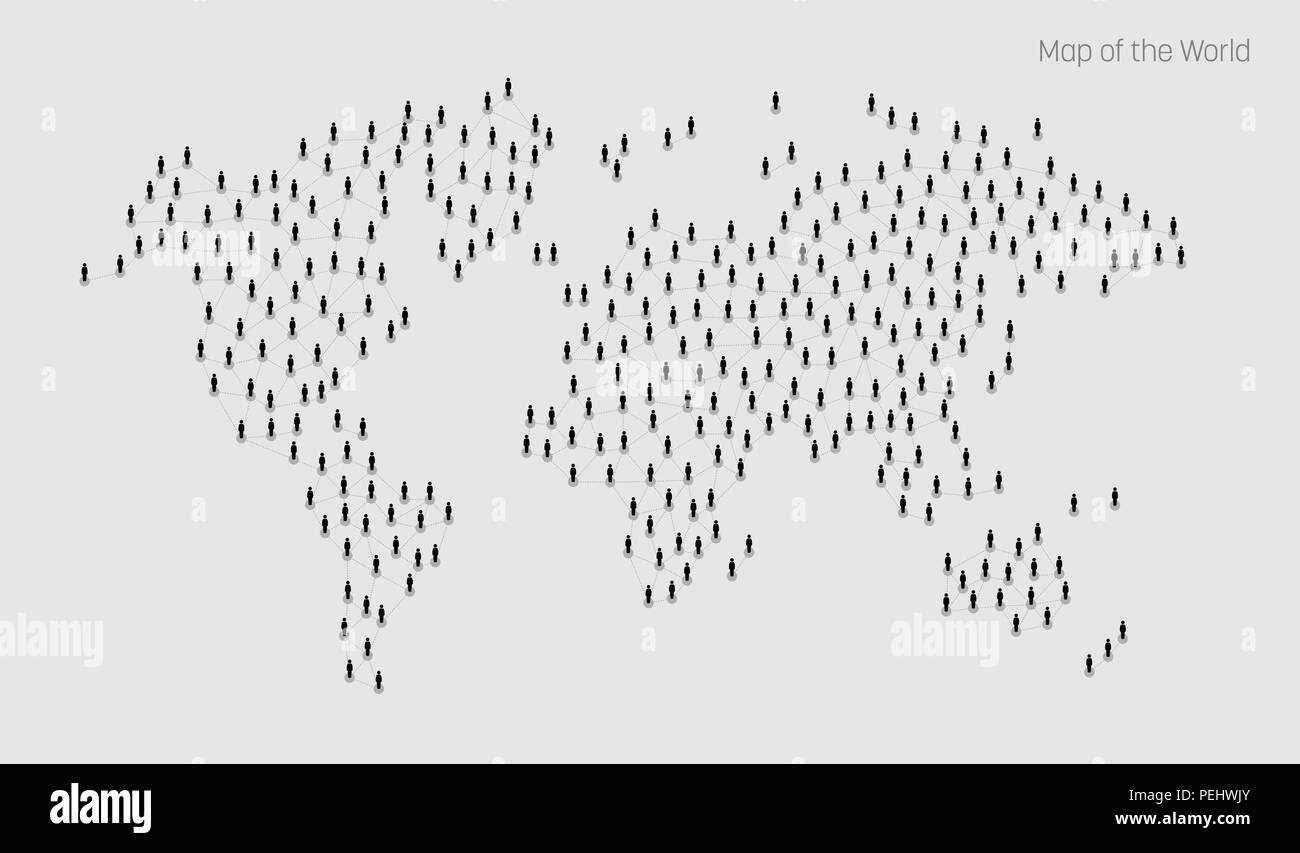 Carte vectorielle des histoires de personnes qui se connectent par une grande ligne web Internet et de points formant la forme du monde. Illustration de Vecteur