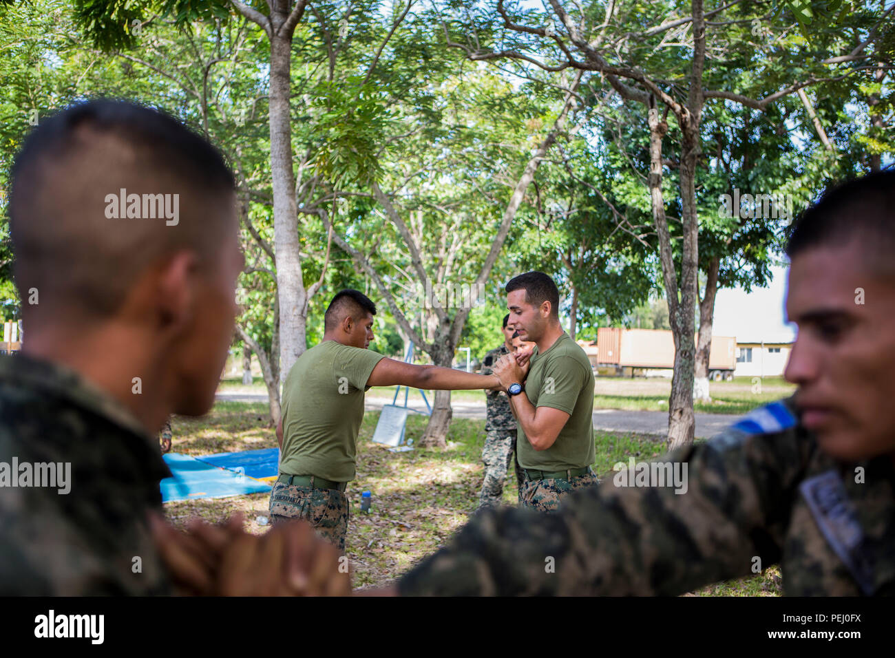 Les Marines américains avec la coopération de sécurité maritime à des fins spéciales, Team-Honduras Groupe Force-Southern air-sol et commande les marines du Honduras Honduras participent à la formation d'arts martiaux à Naval Base Puerto Castilla, le Honduras, le 12 août 2015. SCT-Honduras est actuellement déployé dans le cadre de l'SPMAGTF-SC pour aider le Centro de Adiestramiento avec Naval la mise en œuvre d'un curriculum de formation pour créer un programme marin du Honduras. (U.S. Marine Corps Photo par le Cpl. Katelyn Hunter/libérés) Banque D'Images