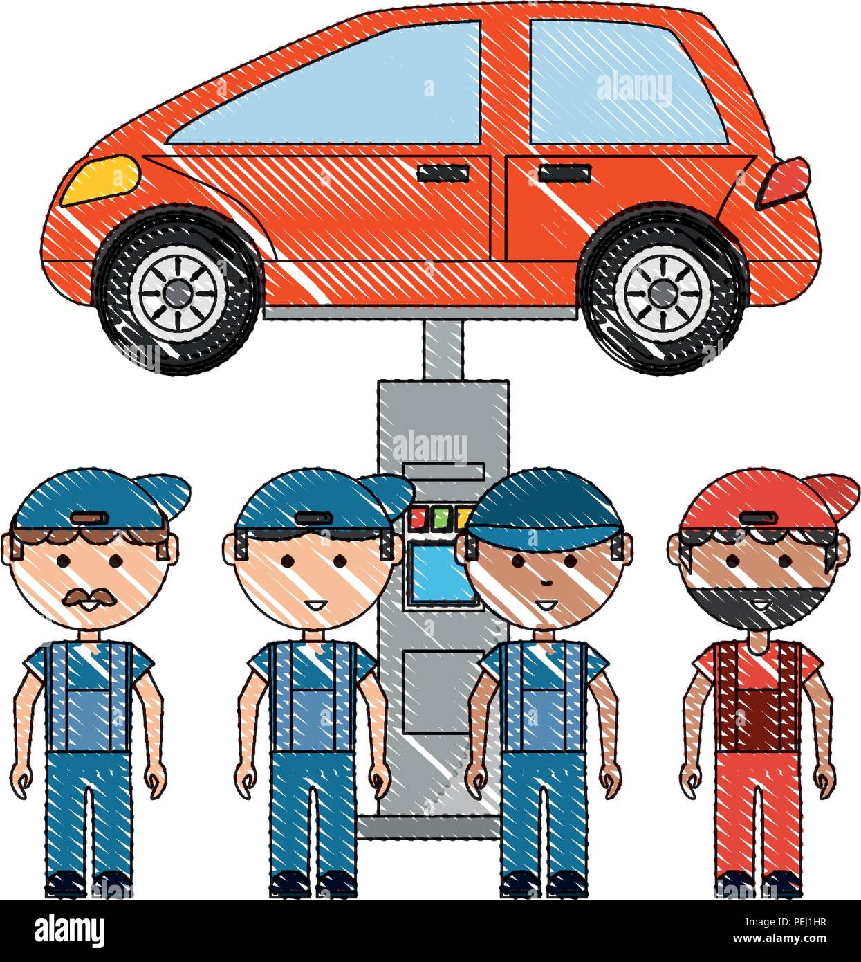 Cartoon mécanique et Véhicule levé sur fond blanc, vector illustration Illustration de Vecteur