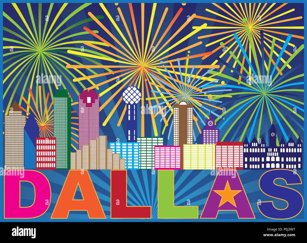 Dallas Texas City Skyline Contours d'artifice avec texte et Lone Star Abstract Illustration Illustration de Vecteur