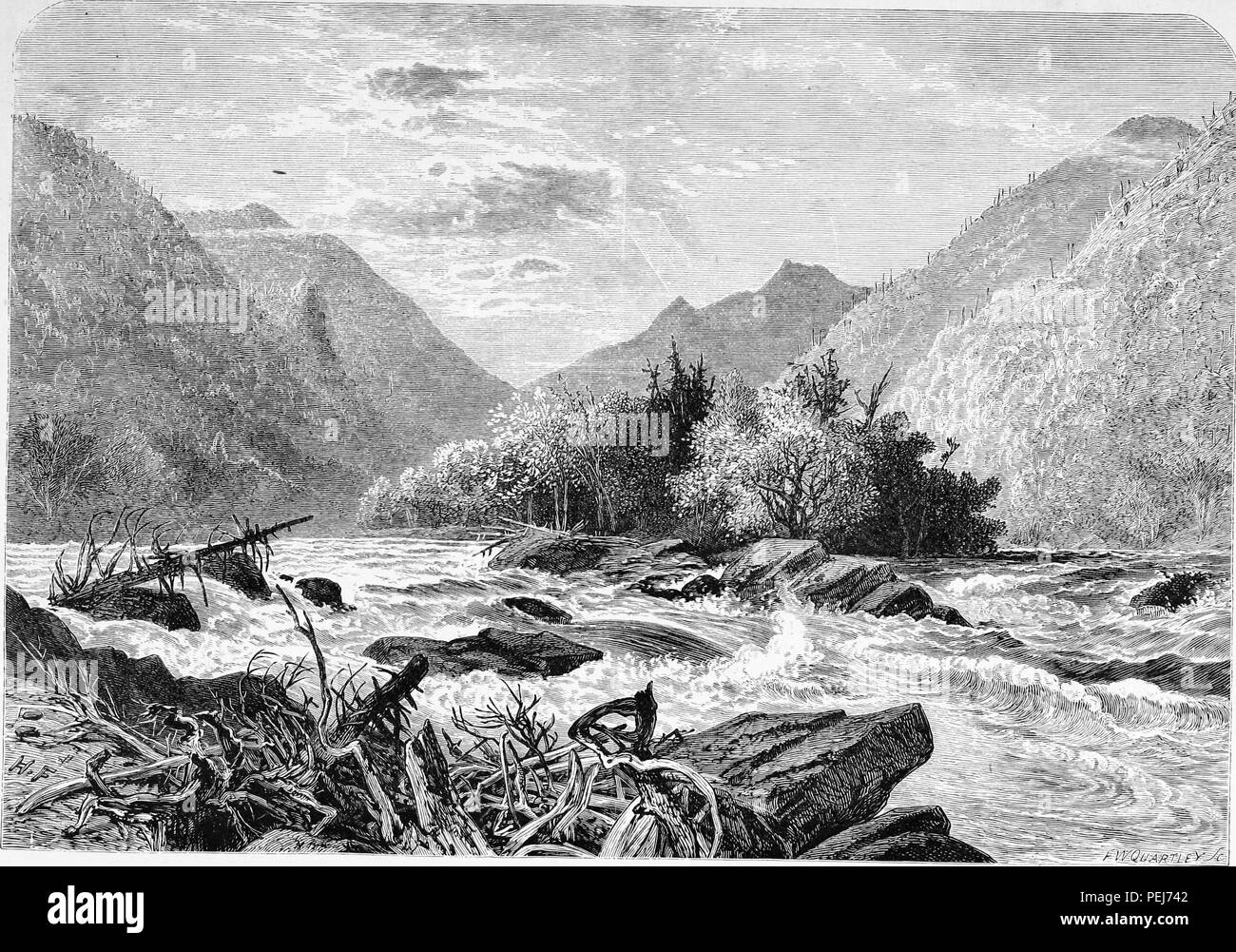 Tirage d'époque en noir et blanc de l'île de montagne, avec au premier plan les rapides et les montagnes en arrière-plan, situé le long de la large rivière française, en Caroline du Nord, USA, et publié dans William Cullen Bryant's edited volumes 'Amérique pittoresque ; ou, le pays dans lequel nous vivons", 1872. Avec la permission de Internet Archive. () Banque D'Images