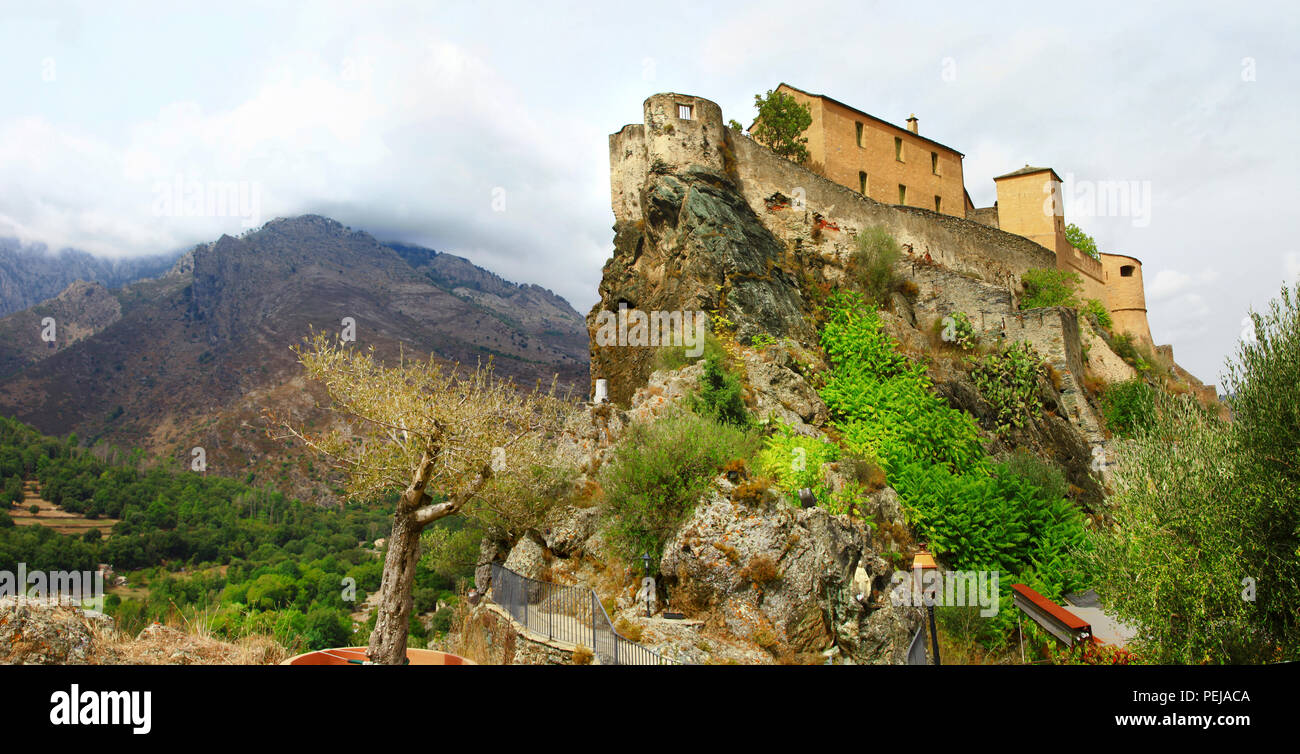 Citadelle unique avec vue sur la forteresse médiévale et de montagnes, Corte, Corse, France. Banque D'Images