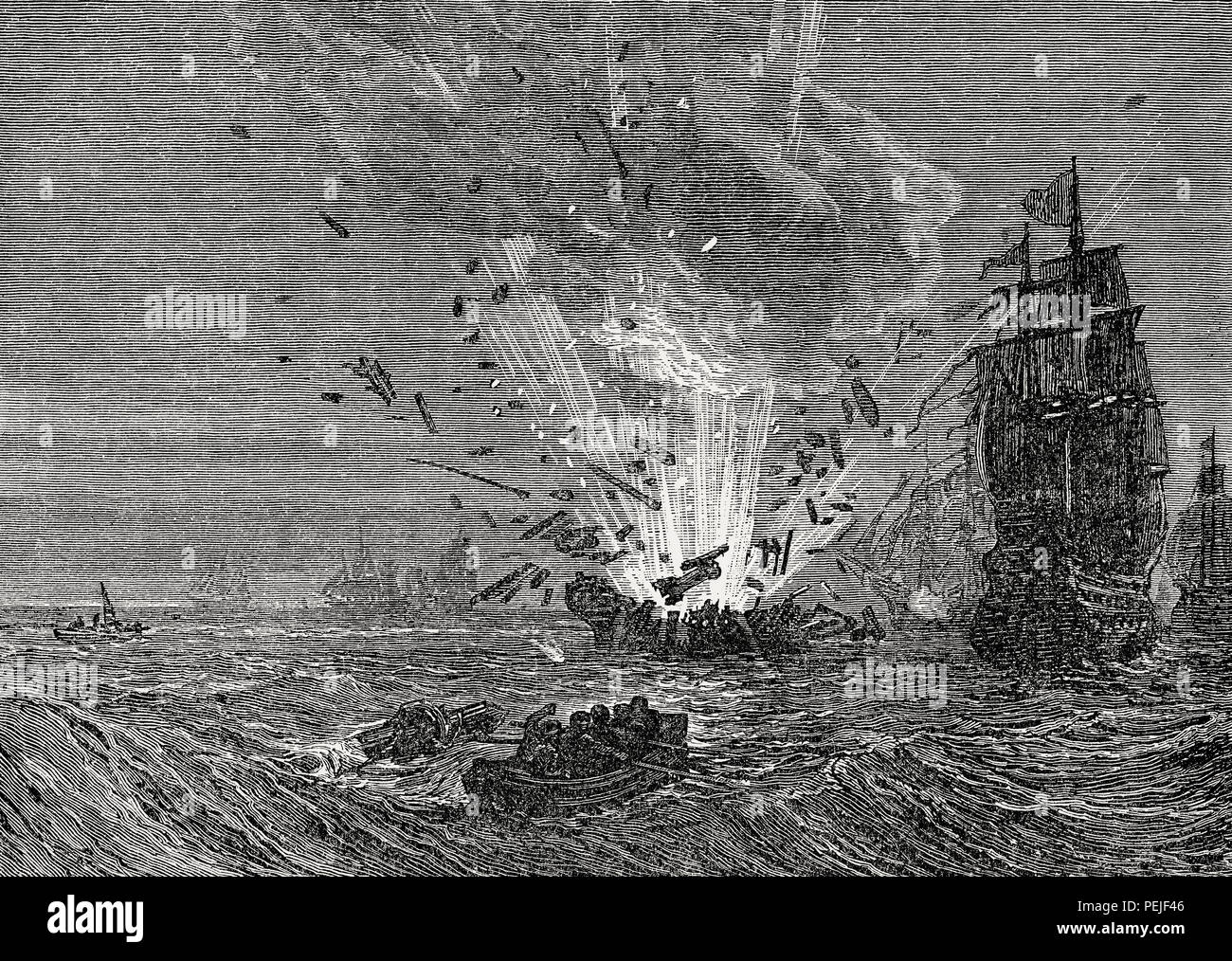 Une bataille navale de la Première Guerre Anglo-néerlandaise, de la bataille sur terre et mer, par James Grant Banque D'Images