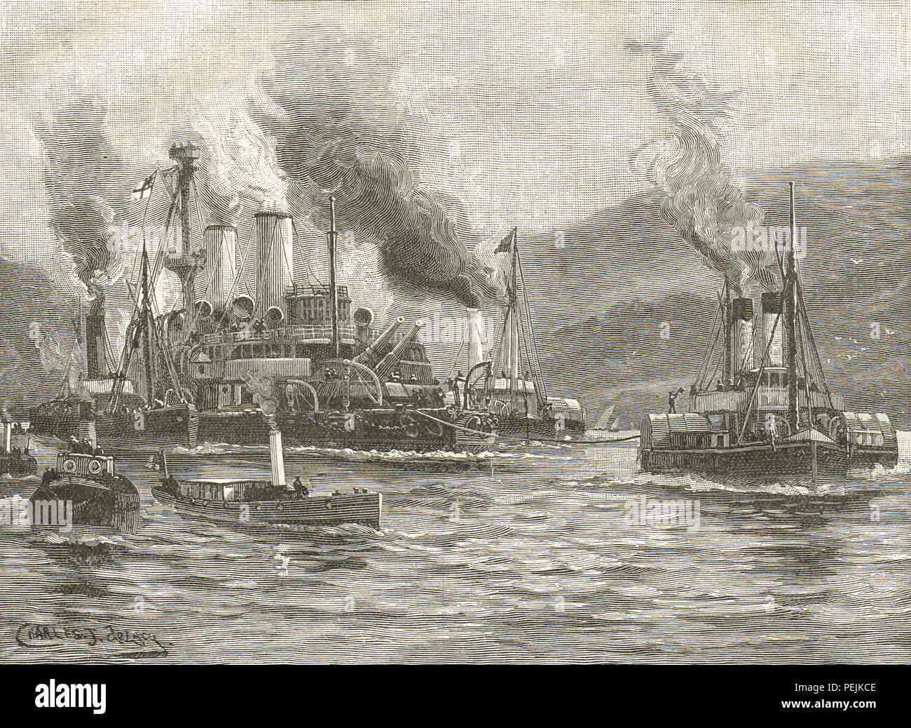 HMS Howe de remorquage dans le port de Ferrol, Espagne, libéré par HMS Seahorse 30 Mars 1893 Banque D'Images