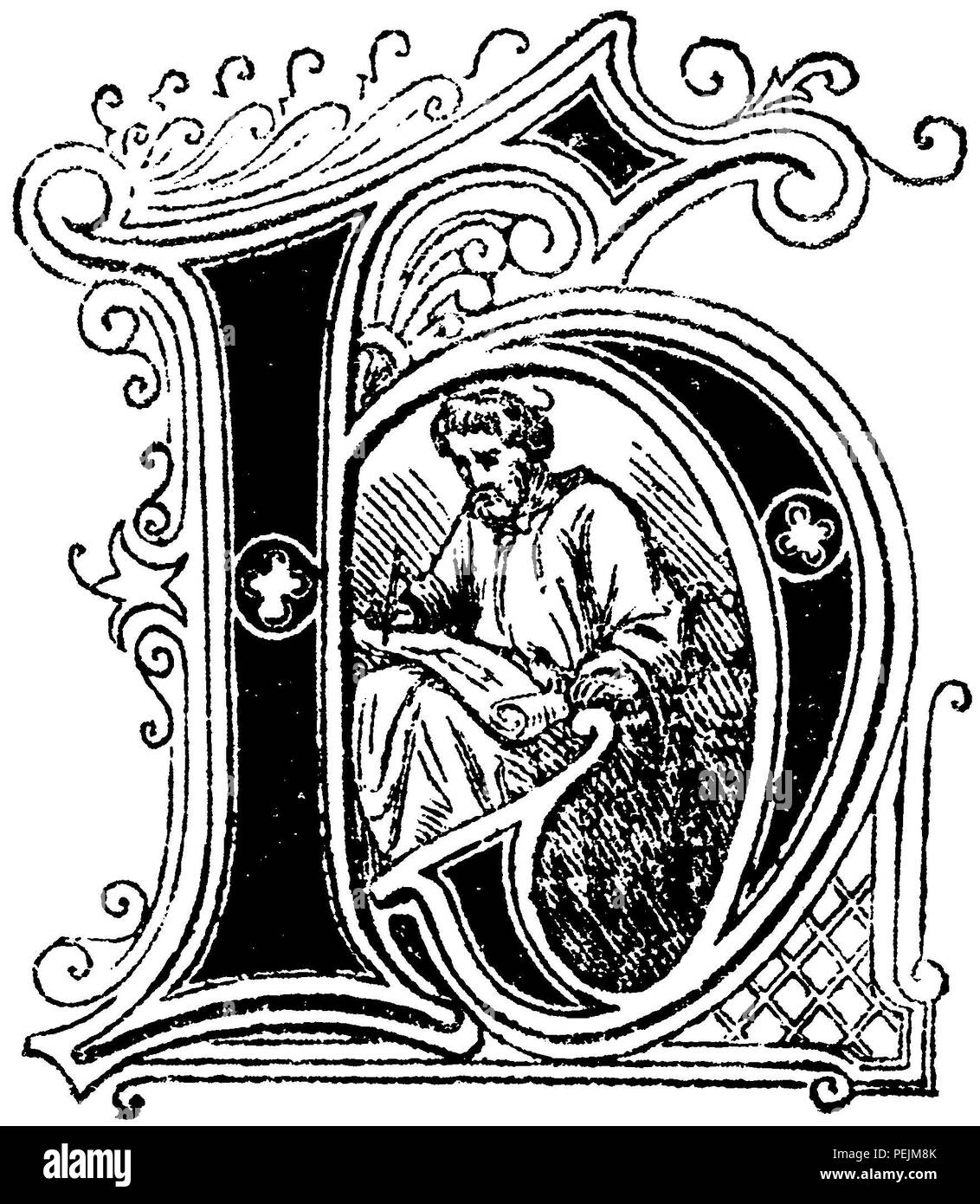 Lettre H : motif religieux, moine d'écriture, 1863 Banque D'Images