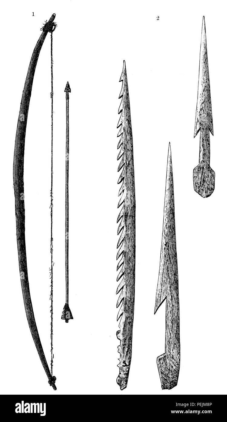 Le feu des armes de Landwehr (après la photographie). Gauche : arc et flèches, harpons, 1894 : droit Banque D'Images