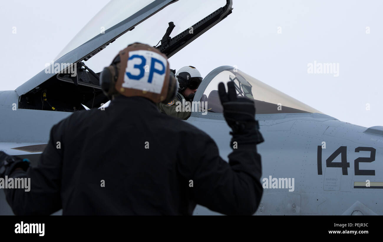 Un responsable de la marine américaine avec Strike Fighter Squadron 106 communique avec un pilote avant le décollage le 2 décembre 2015, à Mountain Home Air Force Base, Texas. (U.S. Photo de l'Armée de l'air par la Haute Airman Jeremy L. Mosier/libérés) Banque D'Images