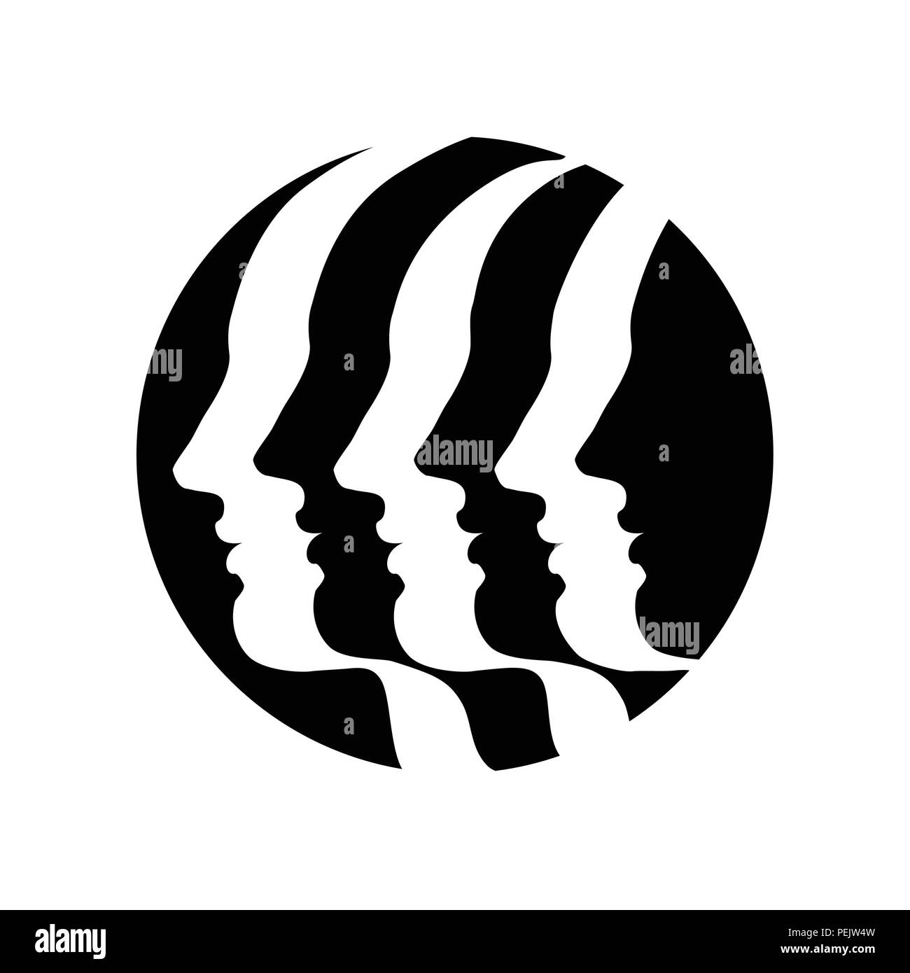 Trois (ou 6) les droits de profil, dessiné par des lignes en forme de ruban. Symbole de l'unité dans la diversité. Dessin vectoriel sur fond isolé. Illustration de Vecteur