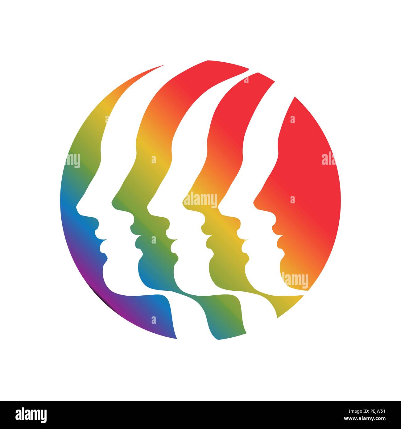 Trois (ou 6) les droits de profil, dessiné par des lignes en forme de ruban. Symbole de l'unité dans la diversité. Dessin vectoriel sur fond isolé. Illustration de Vecteur