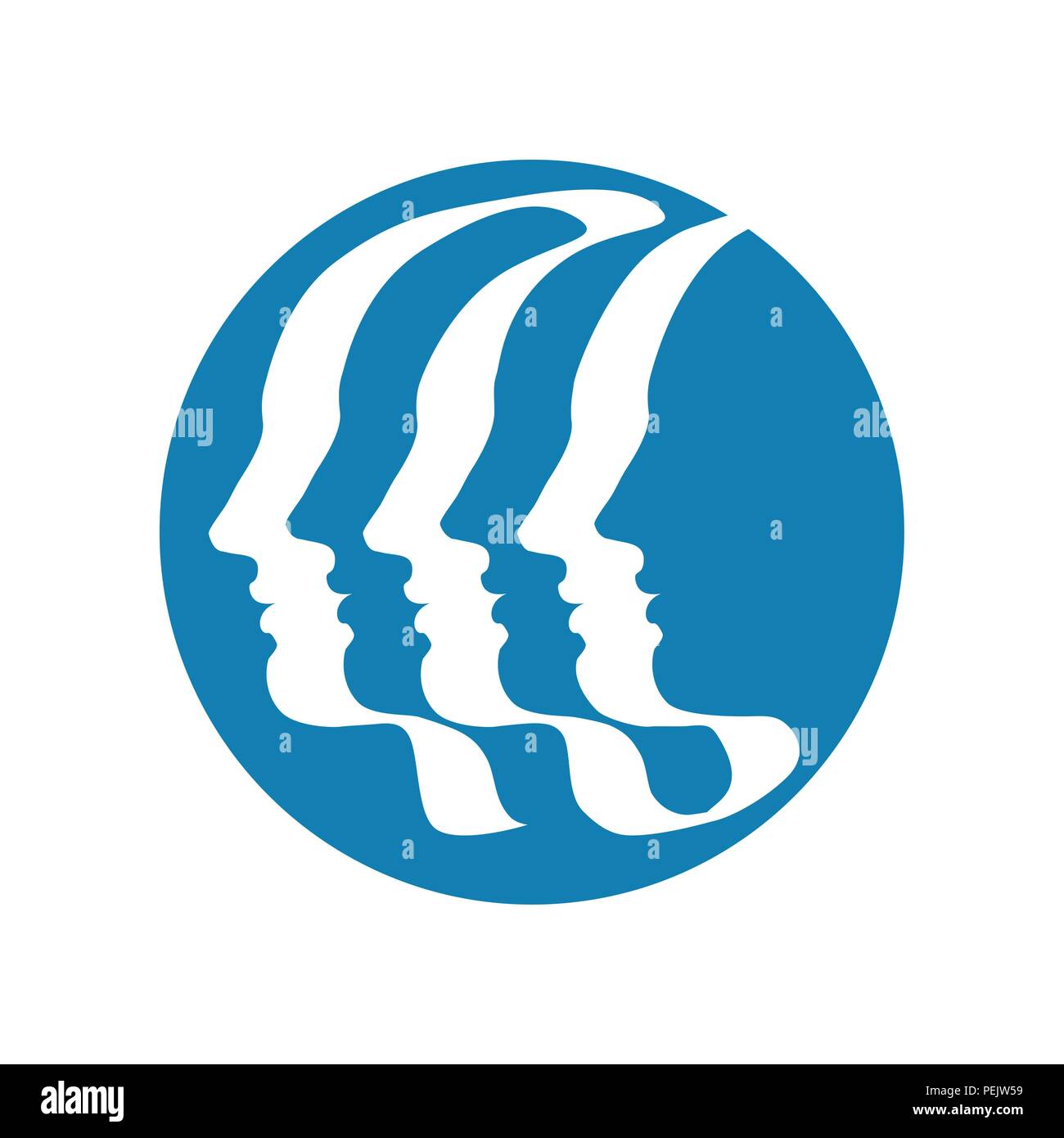 Trois (ou 6) les droits de profil, dessiné par ruban calligraphique-comme une seule ligne. Symbole de l'unité dans la diversité. Dessin vectoriel sur fond isolé. Illustration de Vecteur