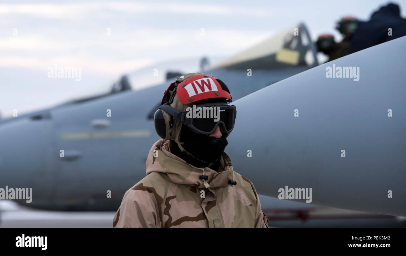 Un responsable de la marine américaine avec Strike Fighter Squadron 106 effectue un contrôle final sur l'avion avant le décollage le 2 décembre 2015, à Mountain Home Air Force Base, Texas. (U.S. Photo de l'Armée de l'air par la Haute Airman Jeremy L. Mosier/libérés) Banque D'Images