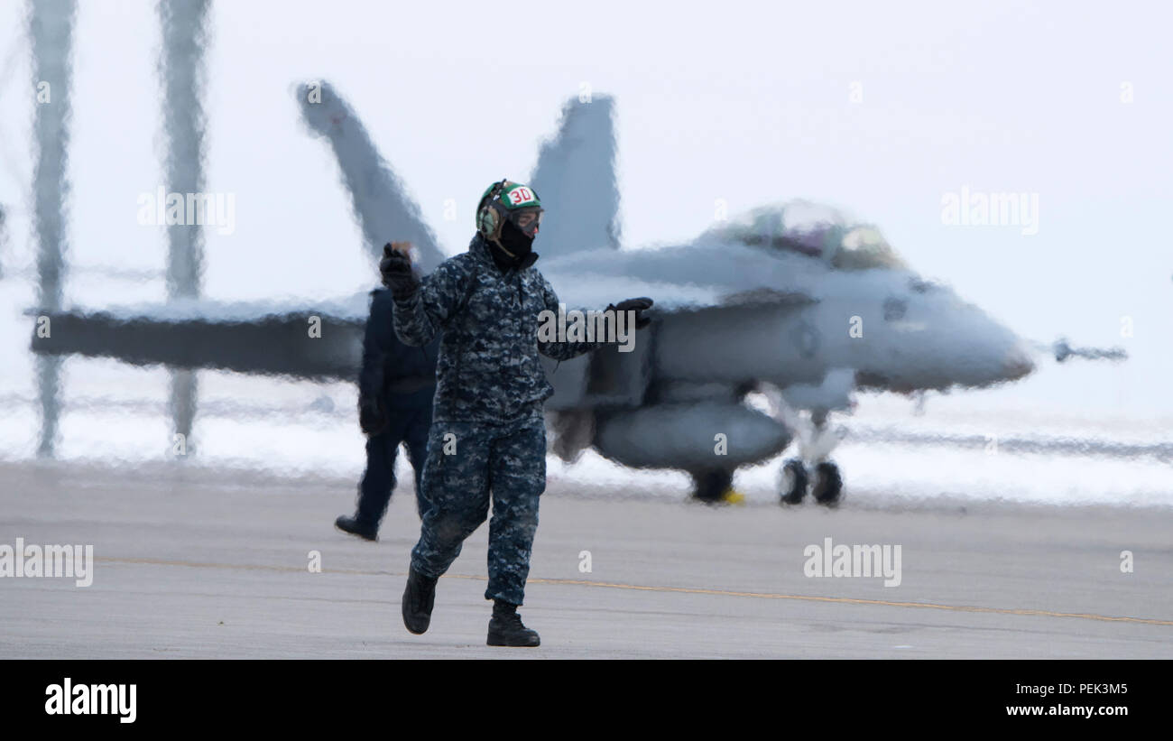Un responsable de la marine américaine avec Strike Fighter Squadron 106 maréchaux un F/A-18 Hornet hors d'une position de stationnement sur l'aire 2 décembre 2015 à Mountain Home Air Force Base, Texas. (U.S. Photo de l'Armée de l'air par la Haute Airman Jeremy L. Mosier/libérés) Banque D'Images