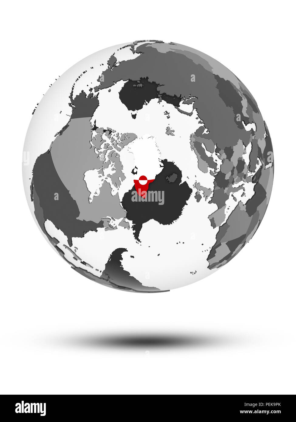 Le Groenland avec drapeau sur le globe avec ombre isolé sur fond blanc. 3D illustration. Banque D'Images