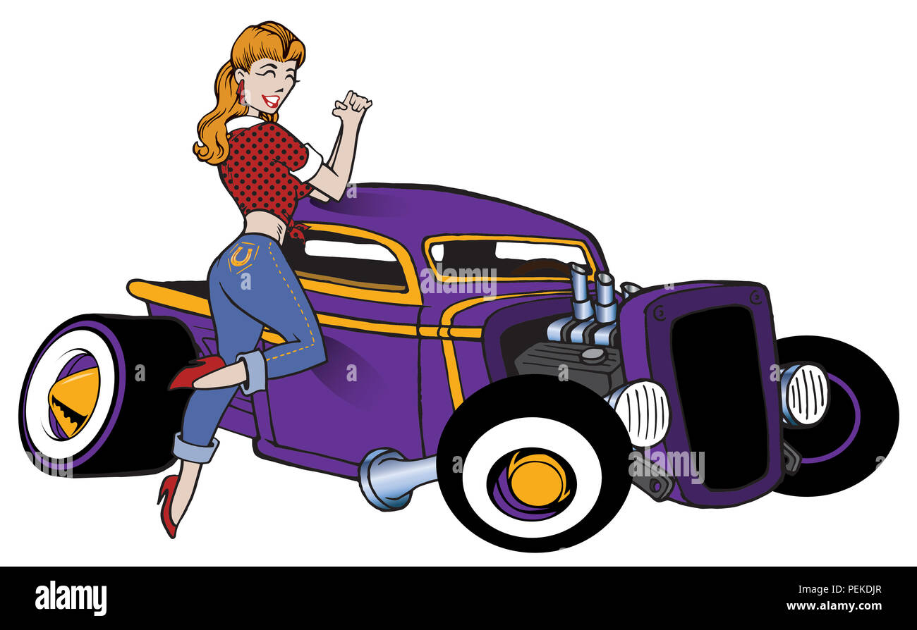 Jolie fille par Vintage hot rod voiture isolated on white Banque D'Images