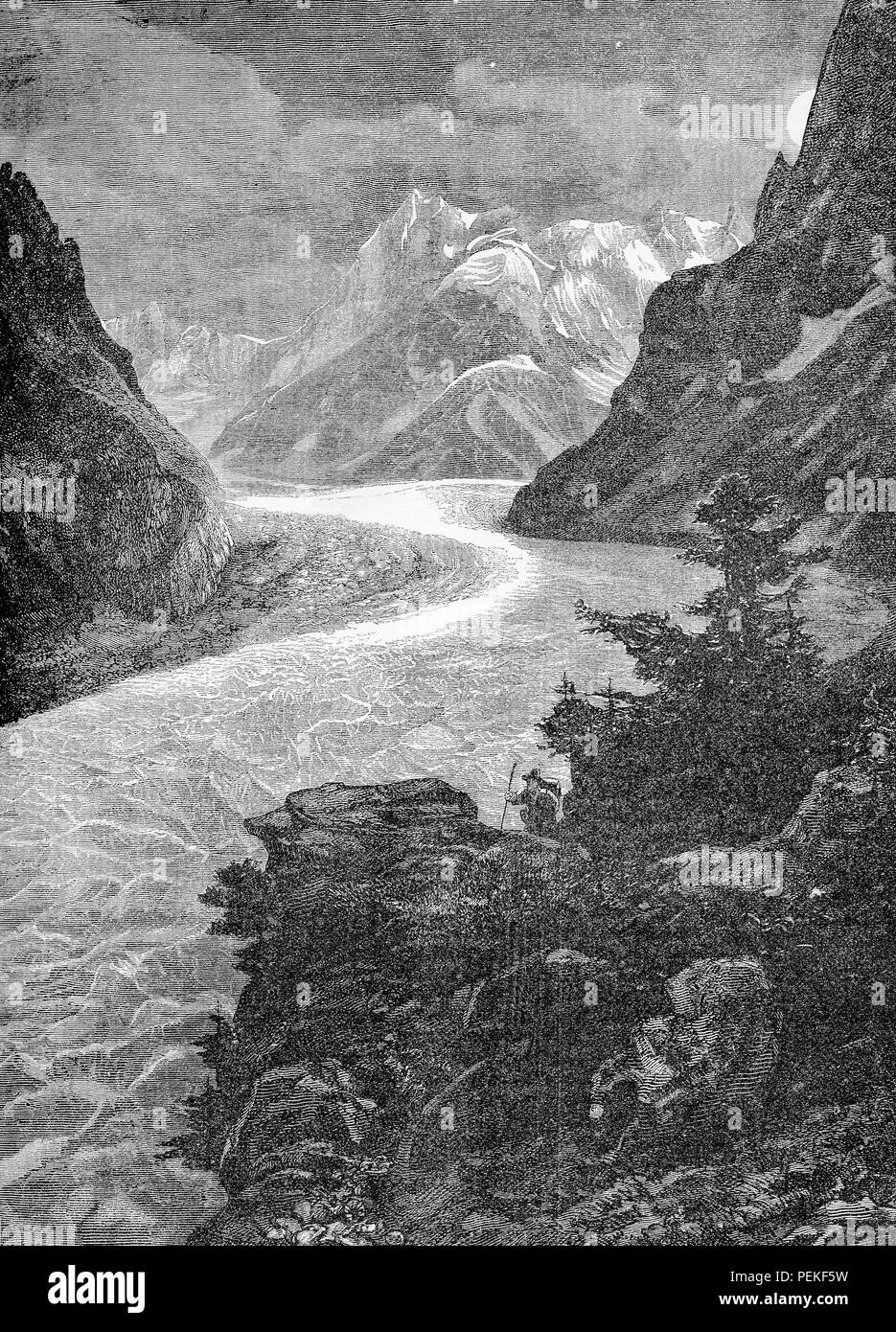 Mont Blanc glacier avec la Mer de Glace), gravure d'époque. Le Mont Blanc est la plus haute montagne dans les Alpes, entre la France et l'Italie. Banque D'Images