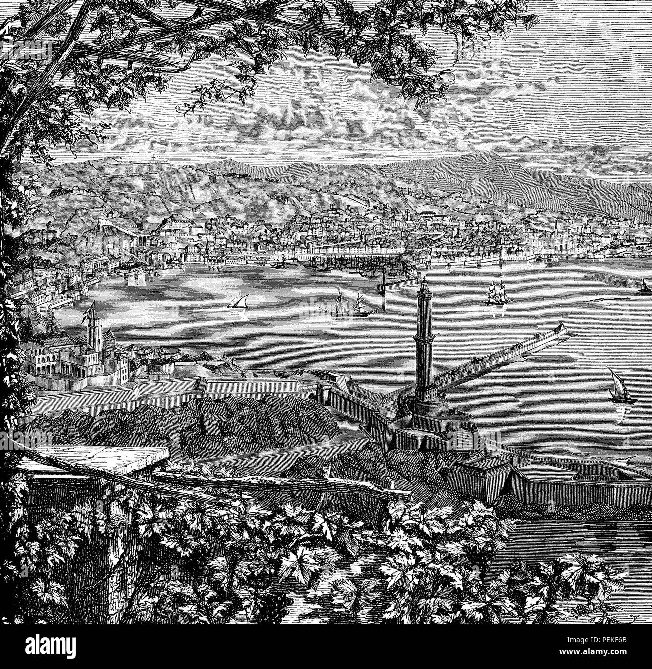 L'Italie, Ligurie, vue panoramique du port de Gênes gravure d'époque, sur la mer Tyrrhénienne, avec le vieux phare Lanterna Banque D'Images