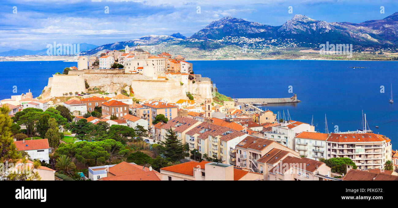 Belle vue sur la ville de Calvi,avec de vieux château et la mer,Corse,France. Banque D'Images